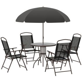 Outsunny 6 Piece Patio Dining Set for 4 with Umbrella, Outdoor Table and Chairs with 4 Folding Dining Chairs & Round Glass Table for Garden (Color: as Pic)