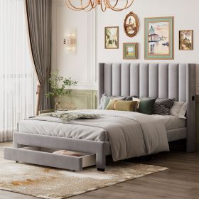 Queen Size Storage Bed Velvet Upholstered Platform Bed with a Big Drawer - Beige (Color: Gray)