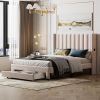 Queen Size Storage Bed Velvet Upholstered Platform Bed with a Big Drawer - Beige