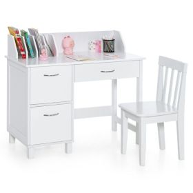 Kids Wooden Writing Furniture Set with Drawer and Storage Cabinet (Color: White)