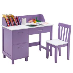 Kids Wooden Writing Furniture Set with Drawer and Storage Cabinet (Color: Purple)