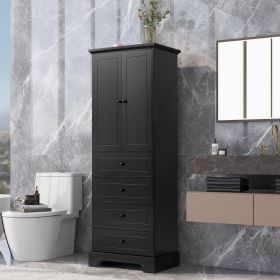 Storage Cabinet with 2 Doors and 4 Drawers for Bathroom, Office, Adjustable Shelf, MDF Board with Painted Finish (Color: black, Material: MDF)