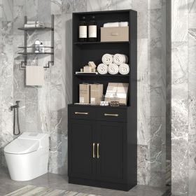 Bathroom Storage Cabinet, Cabinet with Two Doors and Drawers, Adjustable Shelf, Three-layer Open Shelf, MDF Board (Color: black, Material: MDF)