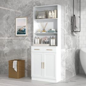 Bathroom Storage Cabinet, Cabinet with Two Doors and Drawers, Adjustable Shelf, Three-layer Open Shelf, MDF Board (Color: White, Material: MDF)