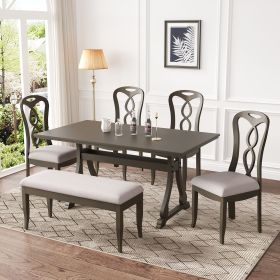 Retro 6-Piece Trestle Dining Table Set with Upholstered Dining Chairs and Dining Bench, Smooth Dining Backs for Dining Room, Living Room, Kitchen (Color: Gray, Material: Rubber Wood)