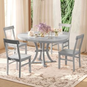 5-Piece Rustic Round Pedestal Extendable Dining Table Set with 15.7" Removable Leaf and Simple Dining Chirs for Small Places (Color: Gray, Material: Rubber Wood)