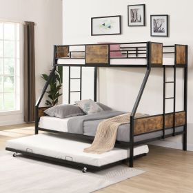 Twin Over FULL Metal Bunk Bed with Trundle 2 - Side Ladder and Full-Length Guardrail, No Box Spring Needed, Large Under Bed Storage, Easy Assemble (Color: Black+Brown)