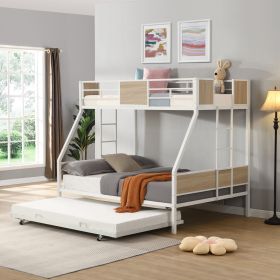 Twin Over FULL Metal Bunk Bed with Trundle 2 - Side Ladder and Full-Length Guardrail, No Box Spring Needed, Large Under Bed Storage, Easy Assemble (Color: Brown+White)