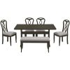 Retro 6-Piece Trestle Dining Table Set with Upholstered Dining Chairs and Dining Bench, Smooth Dining Backs for Dining Room, Living Room, Kitchen