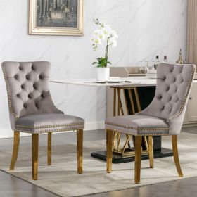 High-end Tufted Solid Wood Contemporary Velvet Upholstered Dining Chair With Golden Stainless Steel Plating Legs,Nailhead Trim,Set Of 2 (Option: Gray)